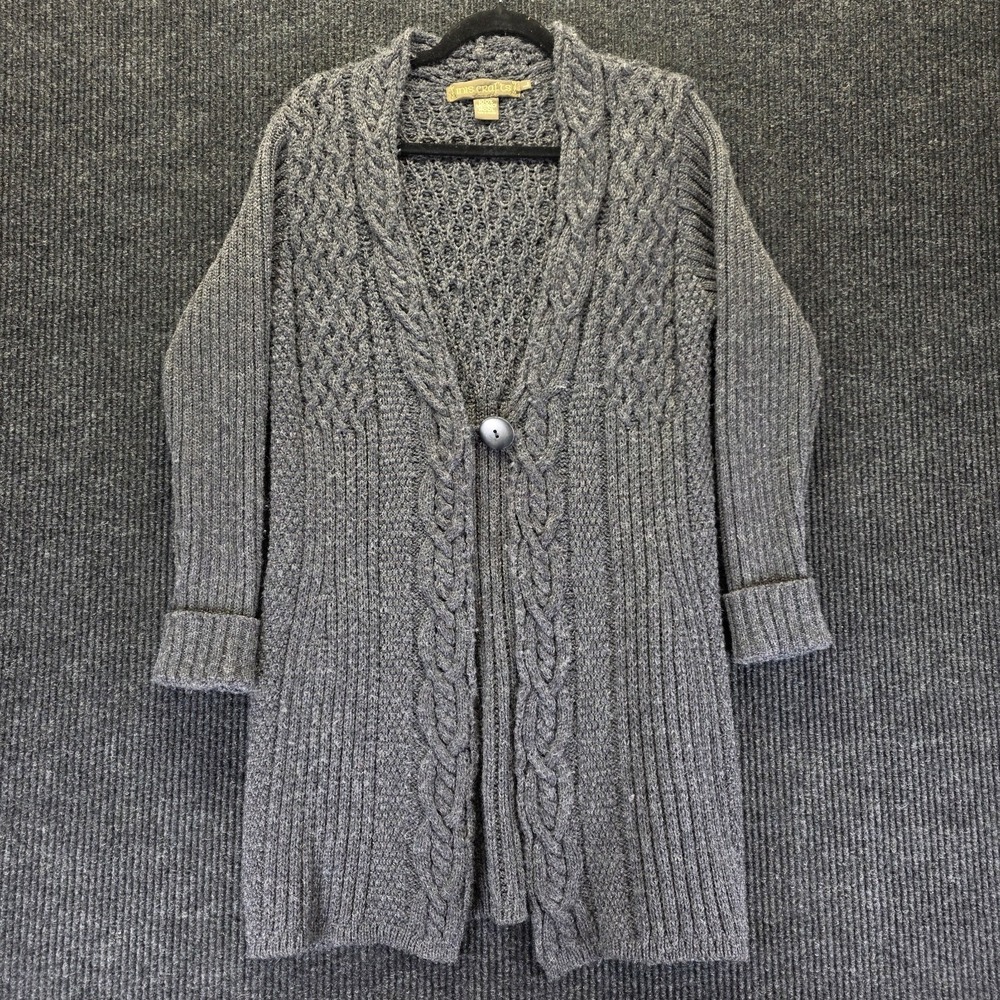 Inis Crafts Womens Sweater Long Cardigan Fishermen Merino Wool Cable Knit L